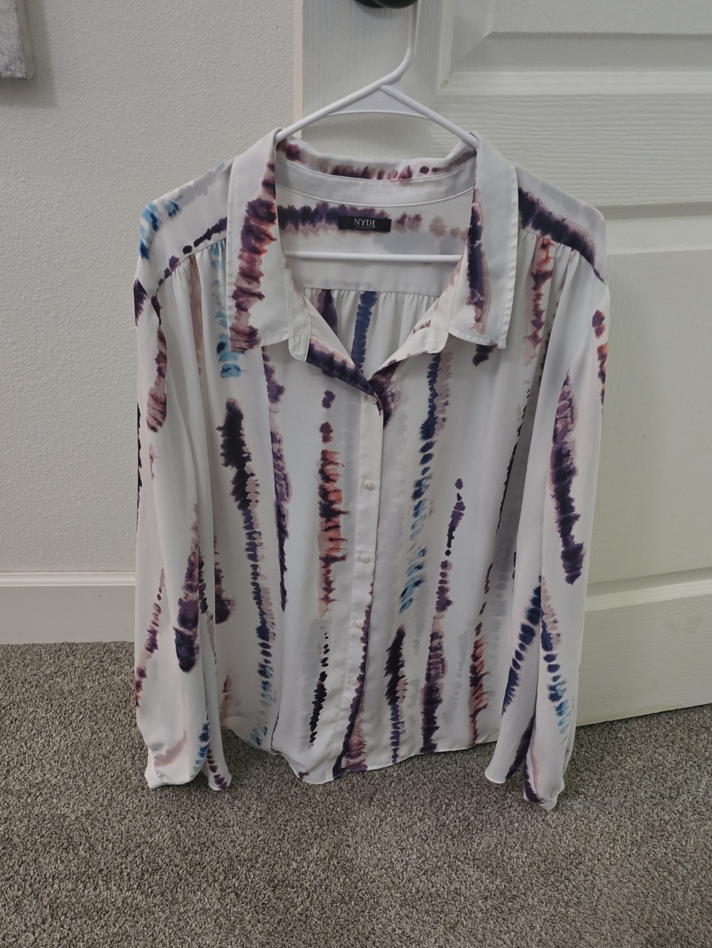 NYDJ White Button-Up Shirt with Blue and Purple Tie-Dye Stripes